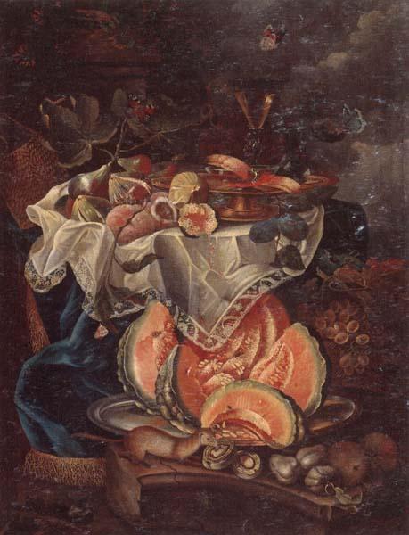 unknow artist Still life of grapes,sweet breads and a glass of wine upon a gilt tazza,set upon a table draped with a blue rug,together with figs and peaches,beneath Sweden oil painting art